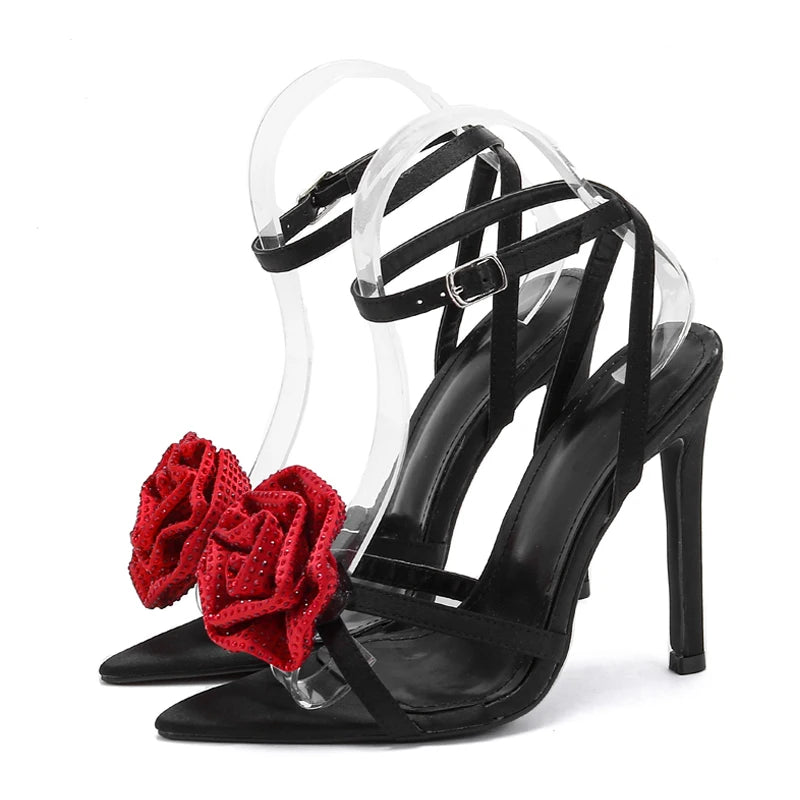 TEEK - Crystal Flower Ankle Buckle Strap Denim Sandals SHOES theteekdotcom Black 9.5 