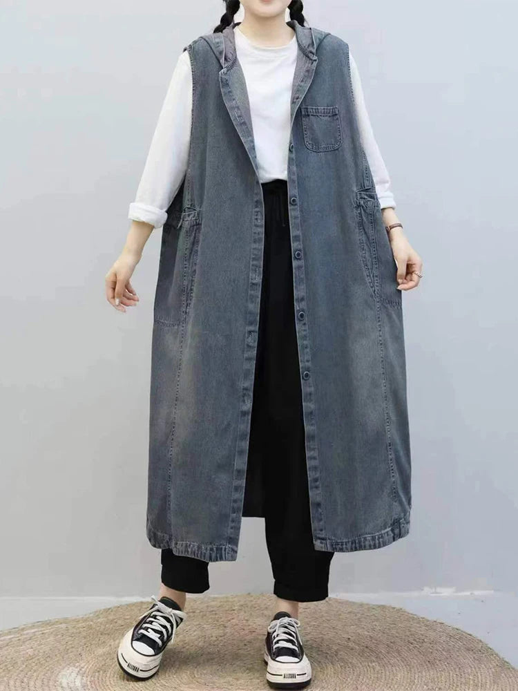 TEEK - Long Sleeveless Hooded Denim Vest Coat COAT theteekdotcom B One Size 