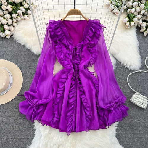 TEEK - V-Neck Flare Sheer Sleeve Dress DRESS theteekdotcom Purple One Size 