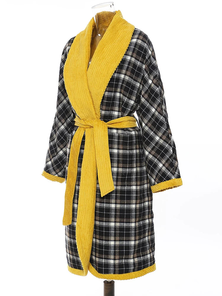 TEEK - Womens Yellow Plaid Belted Reversible Robe ROBE theteekdotcom   