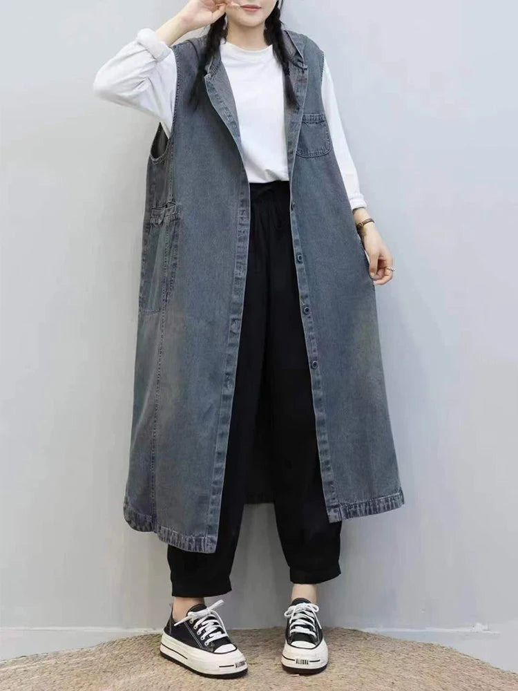 TEEK - Long Sleeveless Hooded Denim Vest Coat COAT theteekdotcom   