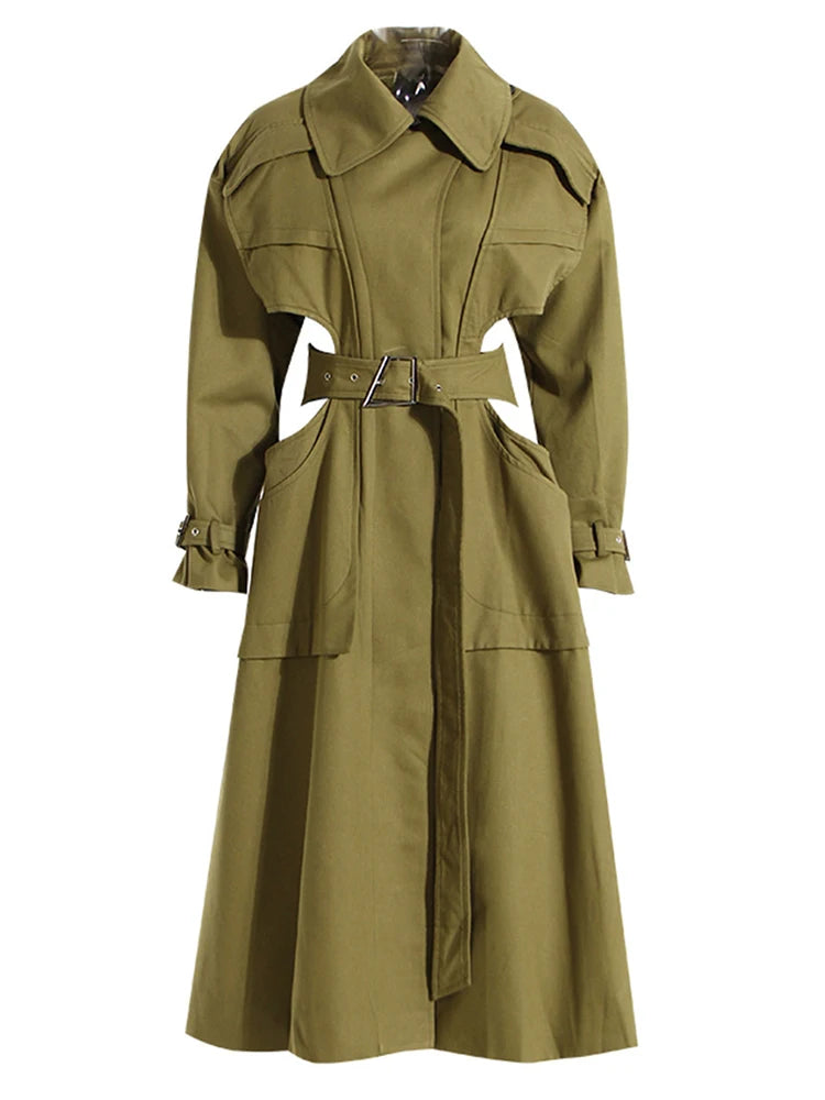 TEEK - Army Green Peep Waist Long Trench Coat COAT theteekdotcom Army Green S 