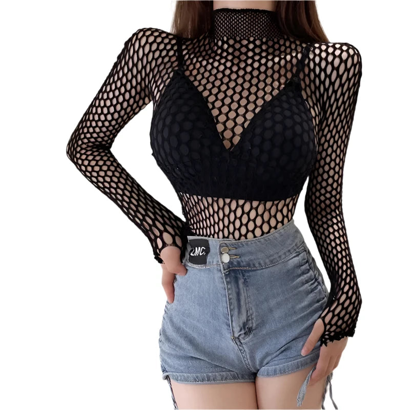 TEEK - Black Skinny Mesh Long Sleeve Turtleneck Top TOPS theteekdotcom High Collar Fits Most