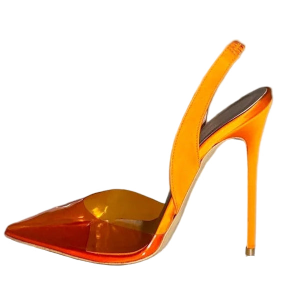 TEEK - Surkova Orange Green Transparent PVC High Heel Shoes Elegant Satin Cloth Slingback Wedding Pumps Pointed Toe 12cm 10cm 8cm Heels SHOES TEEK