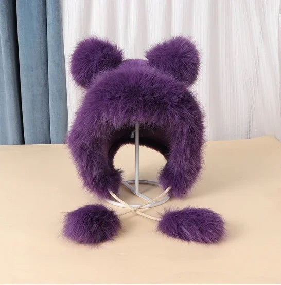 TEEK - Faux Fox Plush Bear Ear Hat HAT theteekdotcom purple  