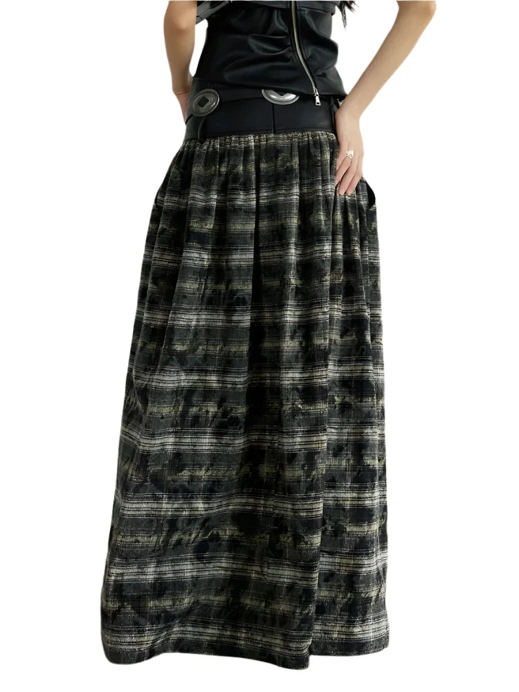 TEEK - Black Leathery Accent Plaid Long Skirt SKIRT theteekdotcom   