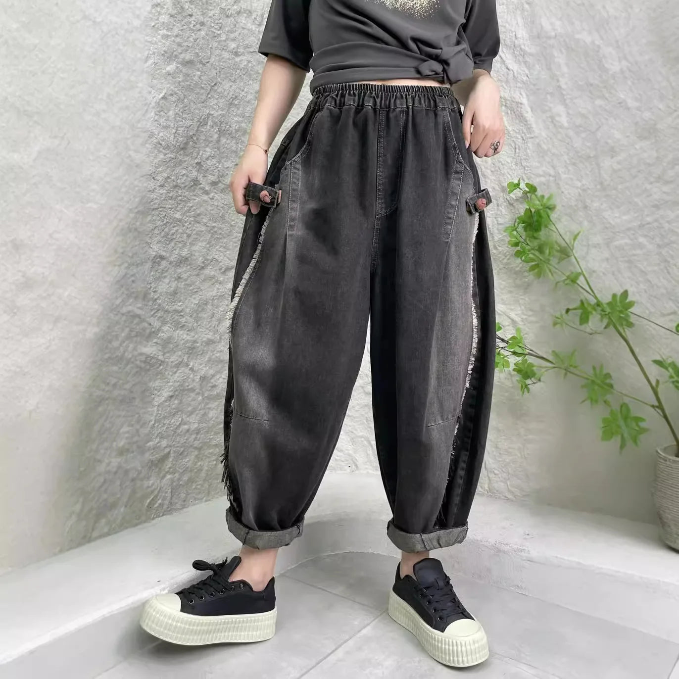 TEEK - Black Distressed Patchwork Pocketed Womens Harem Pants PANTS theteekdotcom   