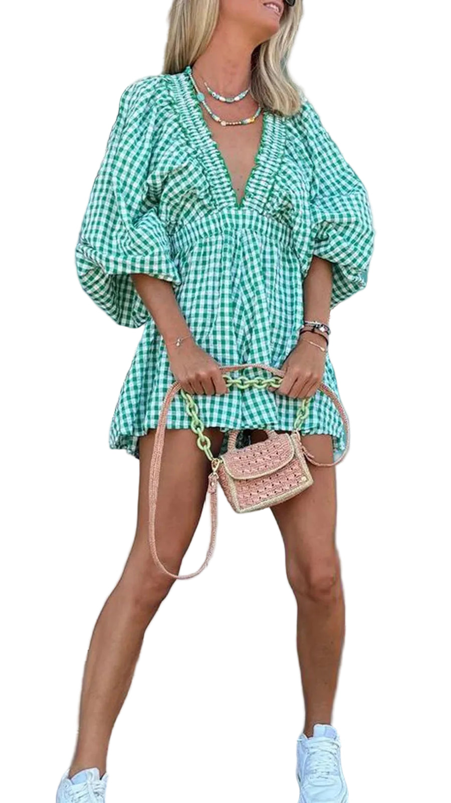 Women's Deep V Neck Loose Jumpsuit Solid Color/Plaid Puff Sleeve Summer Short Jumpsuit Jumpsuit Streetwear TEEK