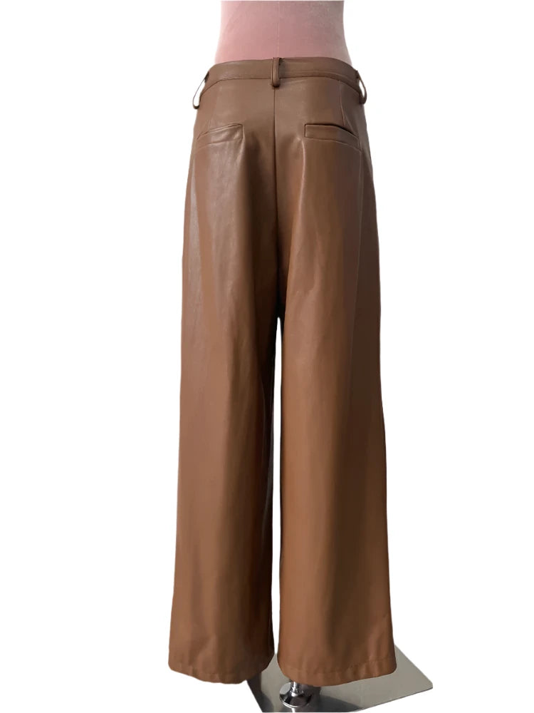 TEEK - Coffee Waterproof Brown Soft Pu Straight Pants PANTS theteekdotcom   