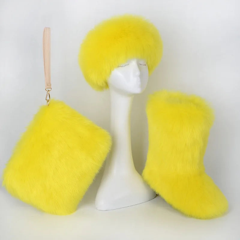 TEEK - Faux Fox Fur Snow Boots Velvet Headband Handbag Set SET theteekdotcom Yellow 6.5 