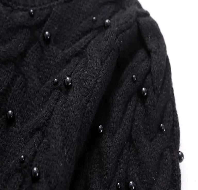 TEEK - Faux Pearl Black Knitted Sweater TOPS theteekdotcom   