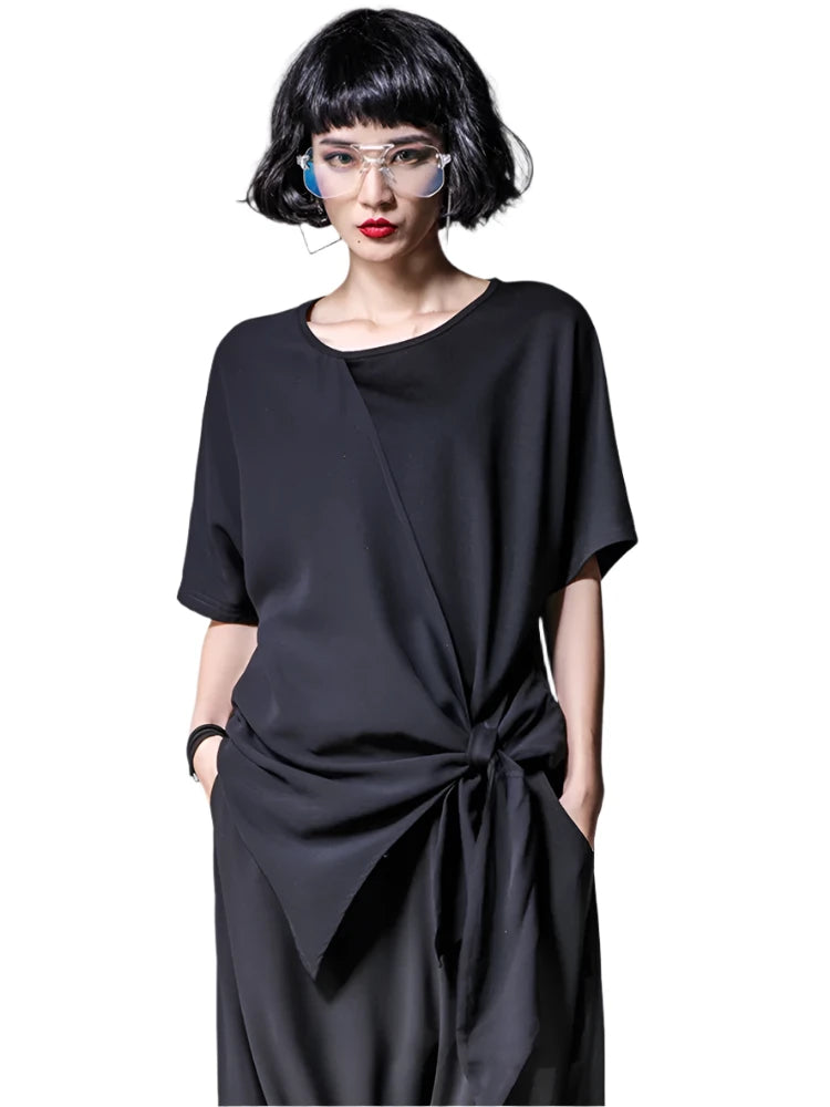 TEEK - Black Asymmetric Pleated Knit Shirt TOPS theteekdotcom L  