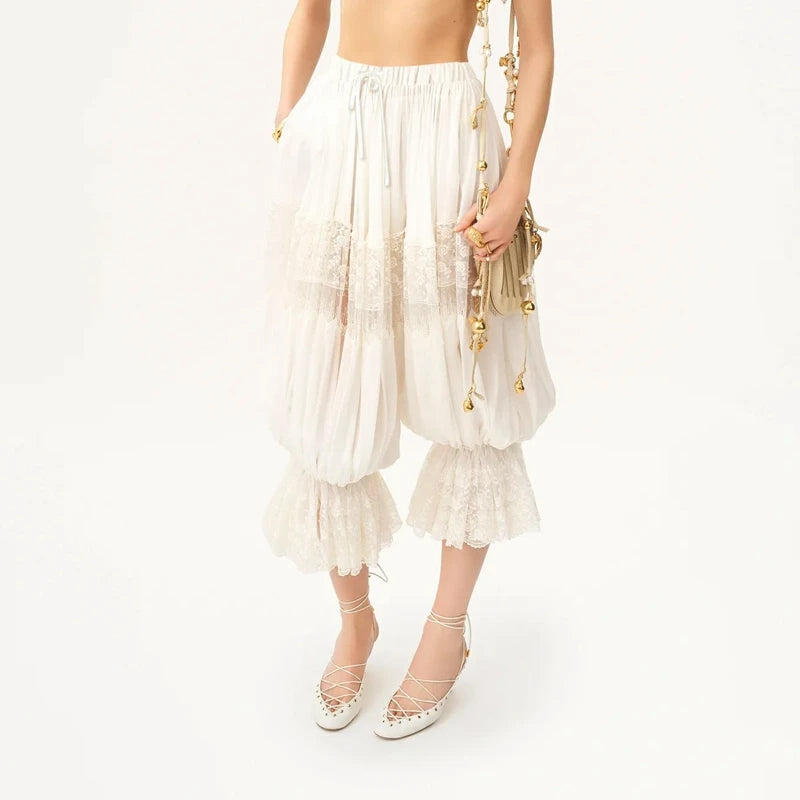 Women Floral Lace Sheer See-through Patchwork Bloomers Casual Loose Drawstring Elastic High Waist Cropped Capri Pants Trousers TEEK