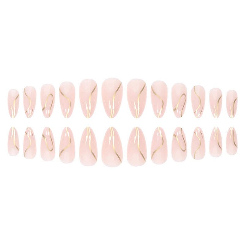 TEEK - 24 Piece Almond Irregular Golden Line False Nails NAIL ART theteekdotcom   