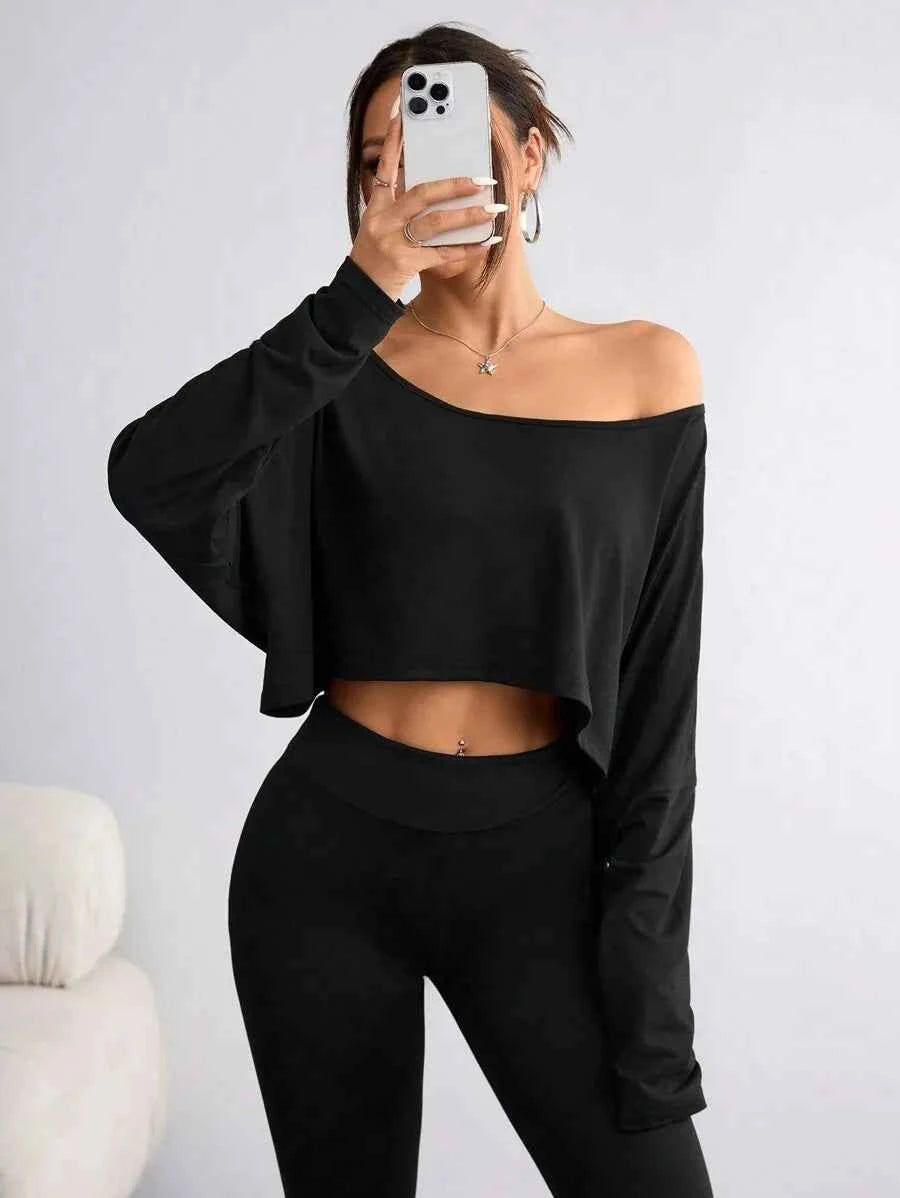 Women'S Black Long Sleeve Blouse T-shirt Casual Asymmetrical Neck Strapless Top for Sporty TEEK