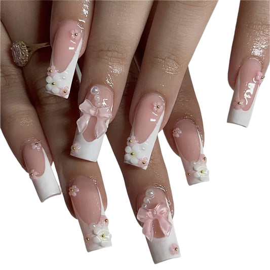 TEEK - 24PCS White Powder Flower French Butterfly Pearl Nail Set NAIL ART theteekdotcom