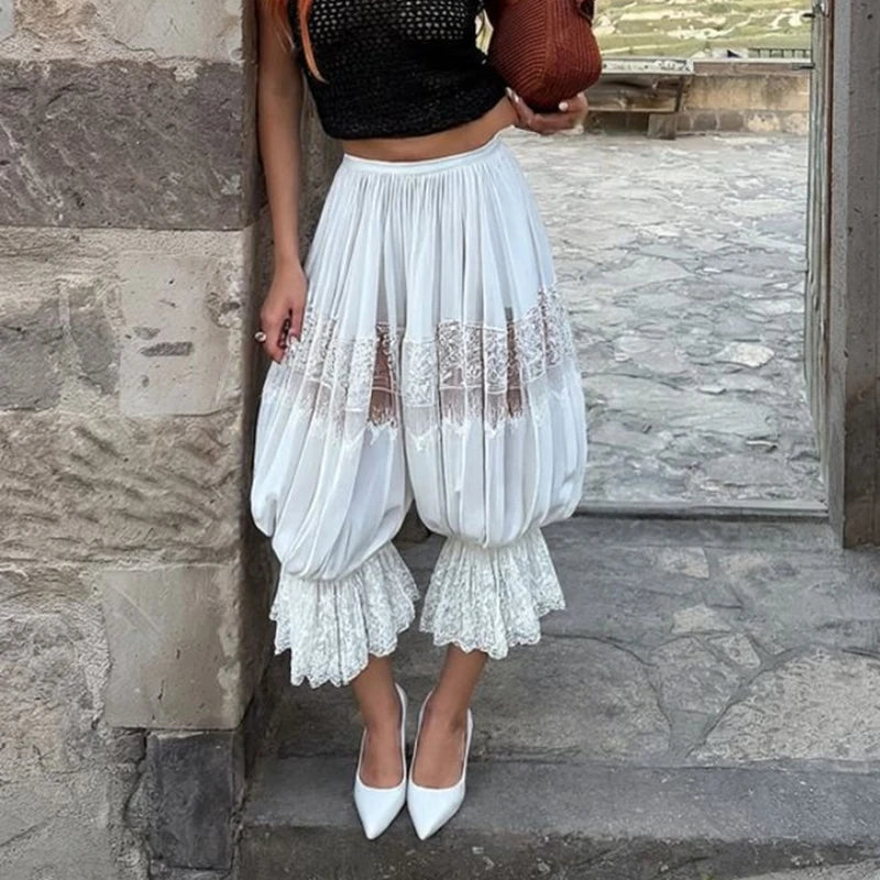 Women Floral Lace Sheer See-through Patchwork Bloomers Casual Loose Drawstring Elastic High Waist Cropped Capri Pants Trousers TEEK