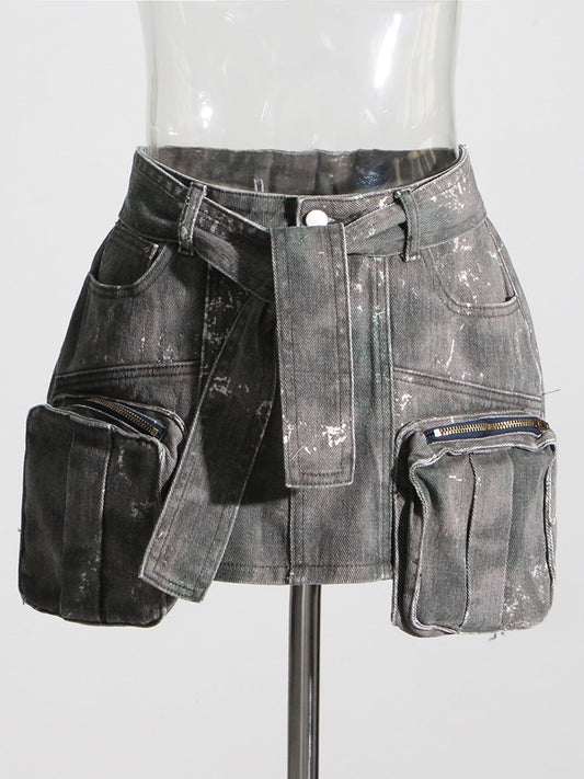 TEEK - Camouflage Denim Drop Pocket Belted Skirt SKIRT theteekdotcom S  