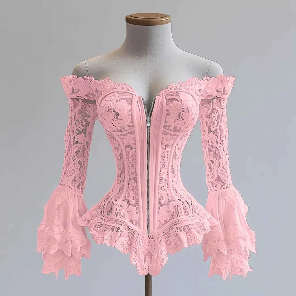 TEEK - Off Shoulder Lace Flare Sleeve Zipper Top