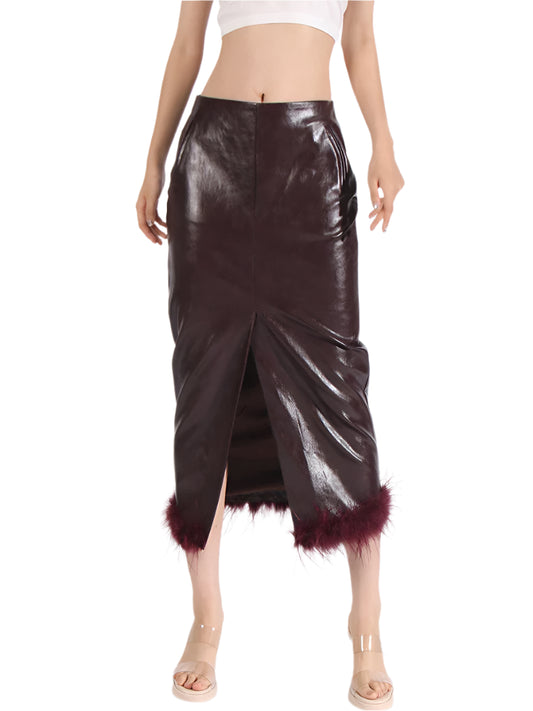 TEEK - Wine Feathered Hem High Waist Back Split Mid-Calf Skirt SKIRT theteekdotcom