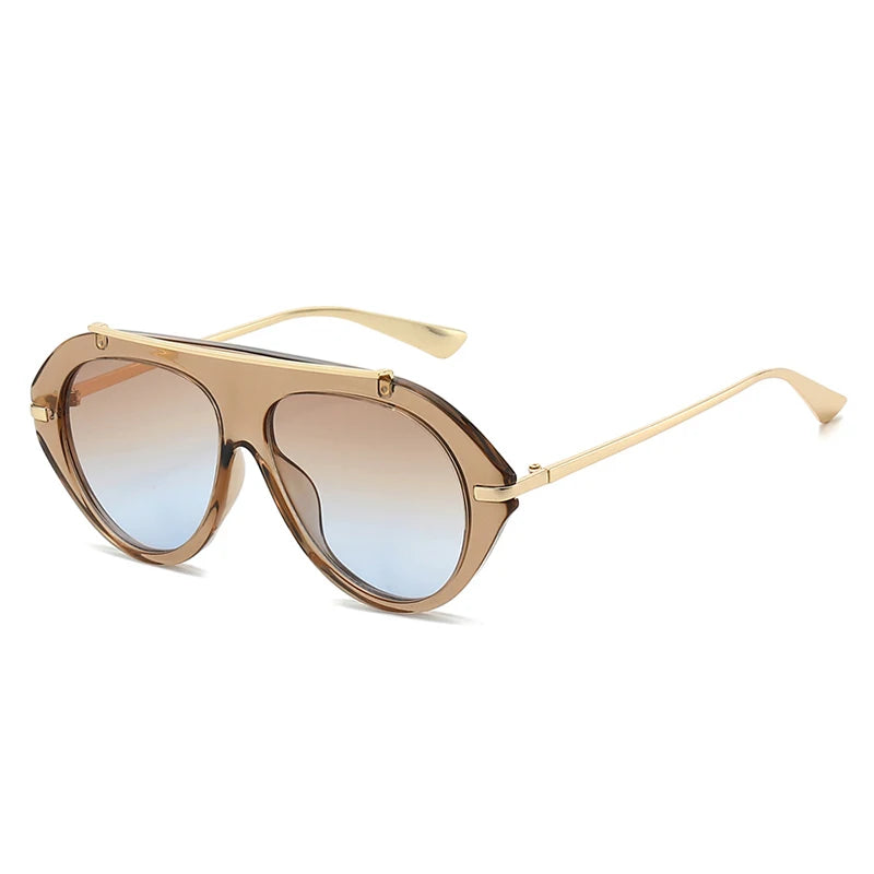 SO&EI Ins Popular Fashion Oversized Pilot Sunglasses Women Shades UV400 Retro Gradient Men Blue Green Sun Glasses TEEK Champagne Tea Blue As the picture