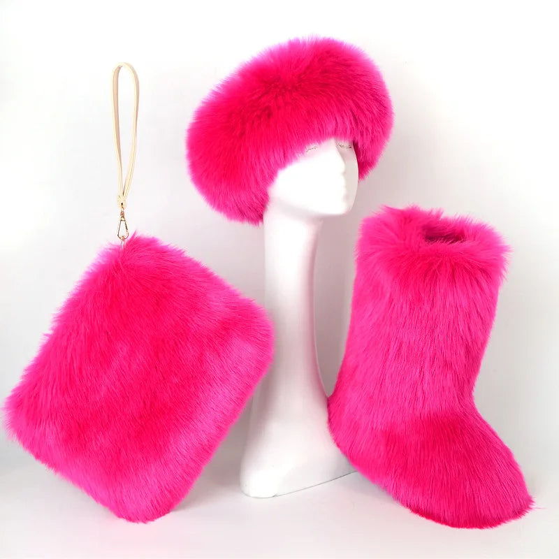 TEEK - Faux Fox Fur Snow Boots Velvet Headband Handbag Set SET theteekdotcom Hot Pink 6.5 