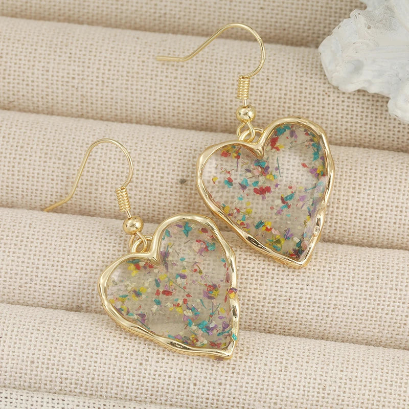 Cute Heart Shaped Earrings For Women Dried Flower Transparent Resin Drop Earring Romantic Jewelry Anniversary Valentines Gift TEEK