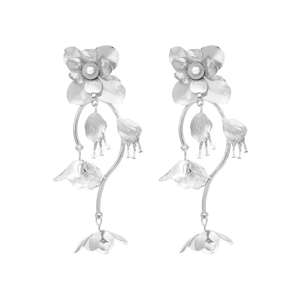 TEEK - Metal Leaf Flower Tassel Earrings JEWELRY theteekdotcom Silver  