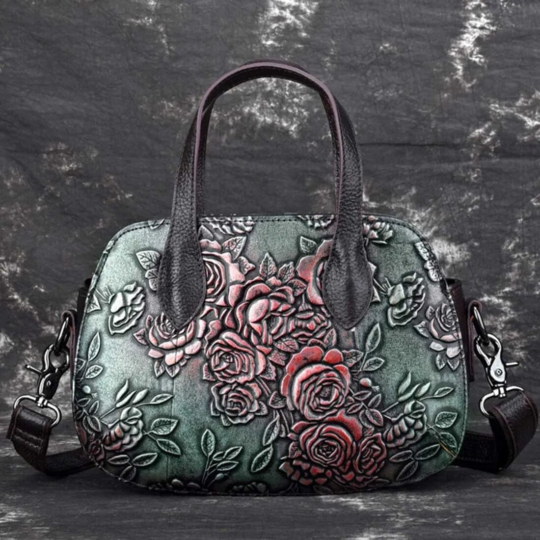 TEEK - Embossed Leather Shell Handbag BAG theteekdotcom Green  