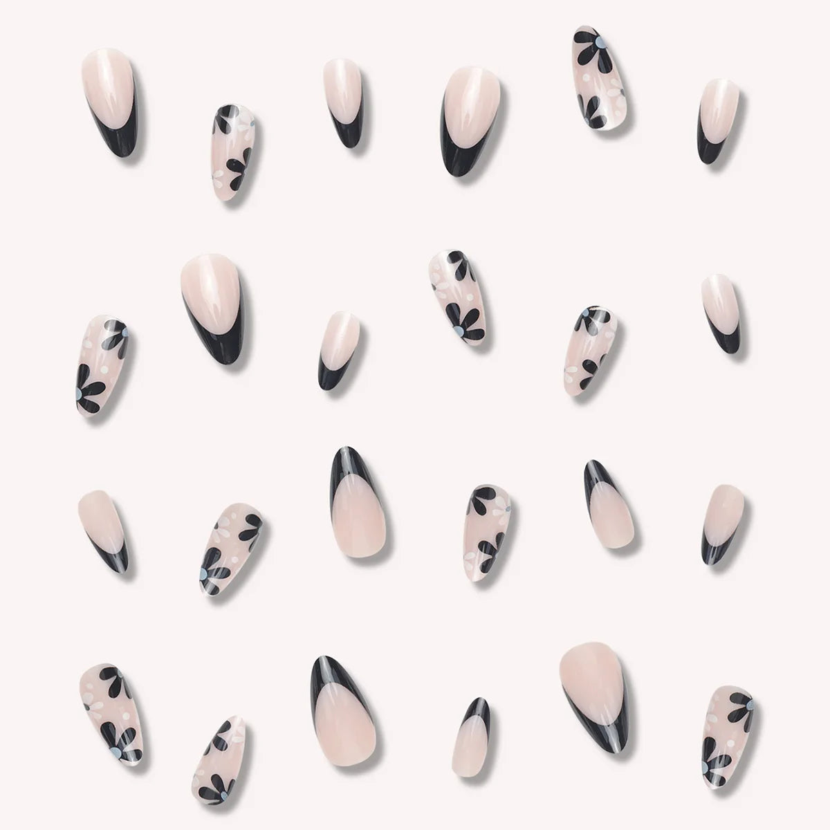 TEEK - 24 Long Almond Black French Petal False Nails NAIL ART theteekdotcom   