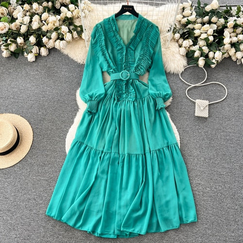 TEEK - Ruffle Vintage Lantern Sleeve Dress DRESS theteekdotcom Green One Size 
