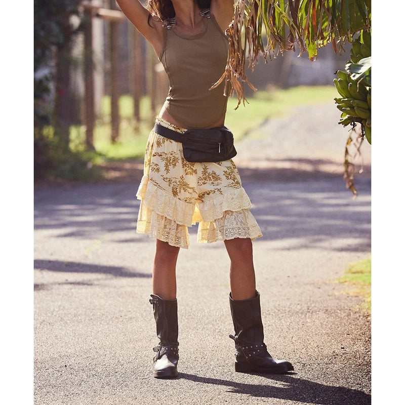 Women's Boho Floral Drawstring Bloomers Knee Length Pantaloons Y2k Layered Ruffle Lace Patchwork Wide Leg Shorts Pajama Bottoms TEEK