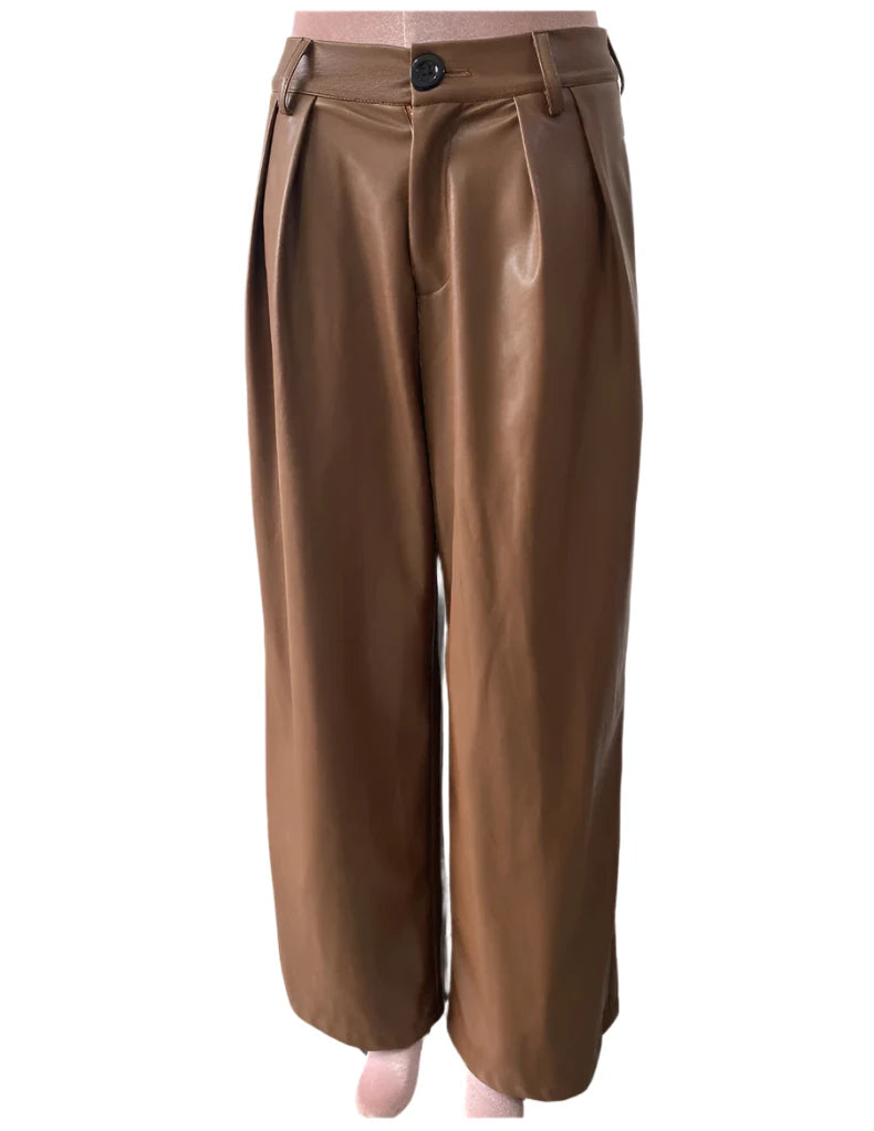 TEEK - Coffee Waterproof Brown Soft Pu Straight Pants PANTS theteekdotcom   