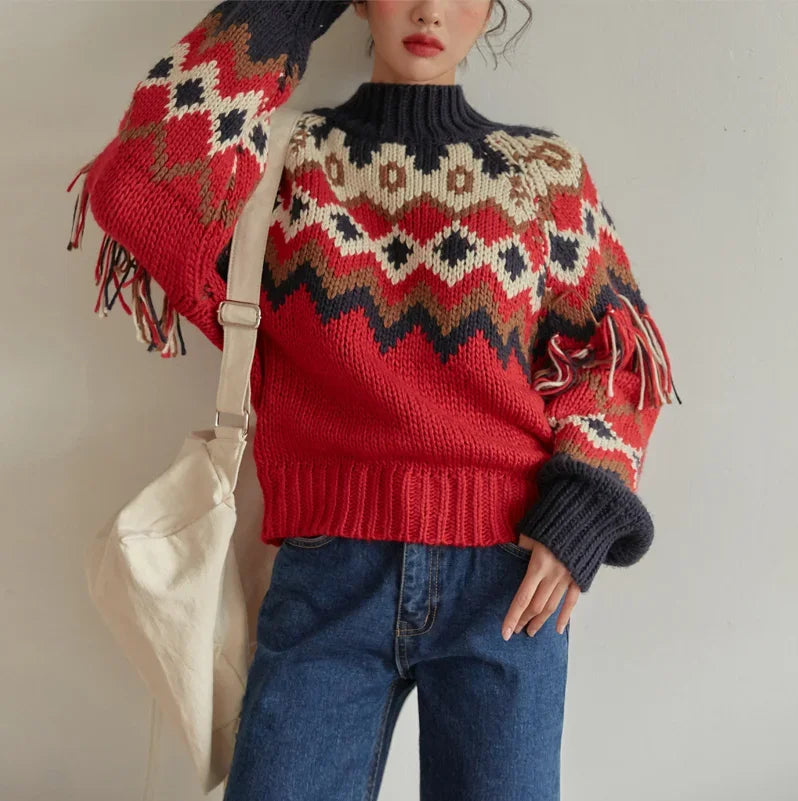 TEEK - Vintage Red Jacquard Fringe Knit Sweaters TOPS theteekdotcom   