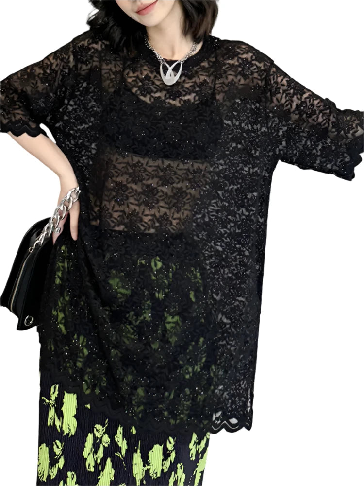 TEEK - Black Lace Perspective Lace Short Sleeve Top TOPS theteekdotcom   