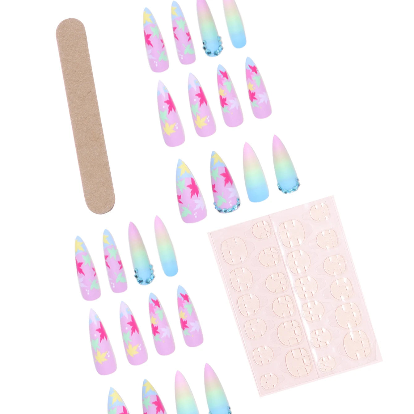 TEEK - 24 Long Pointed Multicolor Gradient Leaf Frosted Fake Nails NAIL ART theteekdotcom   