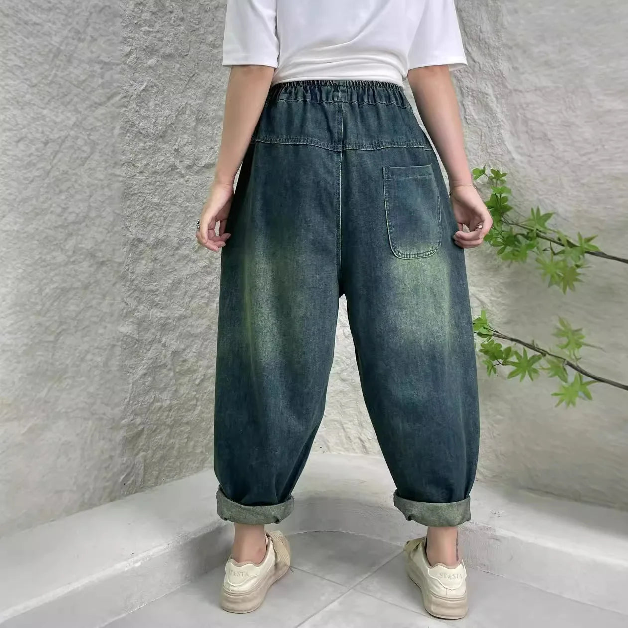 TEEK - Womens Minimalist Distressed Elastic Waist Denim Trousers PANTS theteekdotcom   