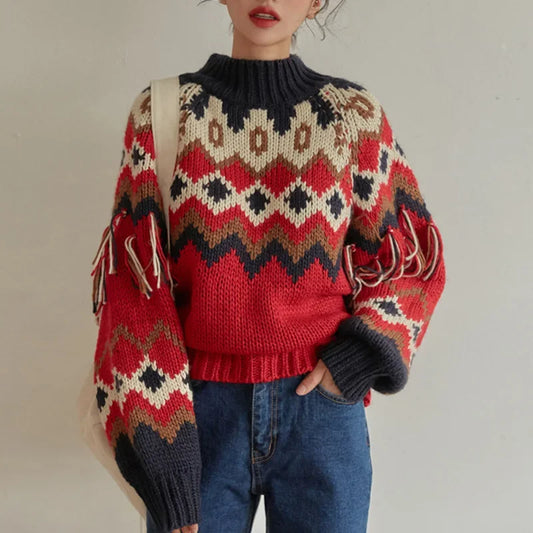 TEEK - Vintage Red Jacquard Fringe Knit Sweaters TOPS theteekdotcom Red One Size 