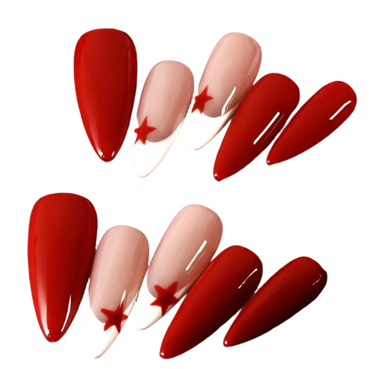 TEEK - 10 Red Glossy Hand Painted Star Almond Press On False Nails NAIL ART theteekdotcom   