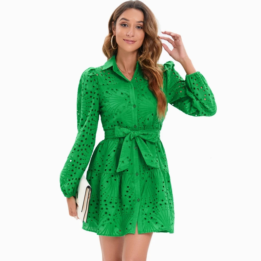 TEEK - Embroidered Lace Green Belted Above Knee Dress DRESS theteekdotcom   