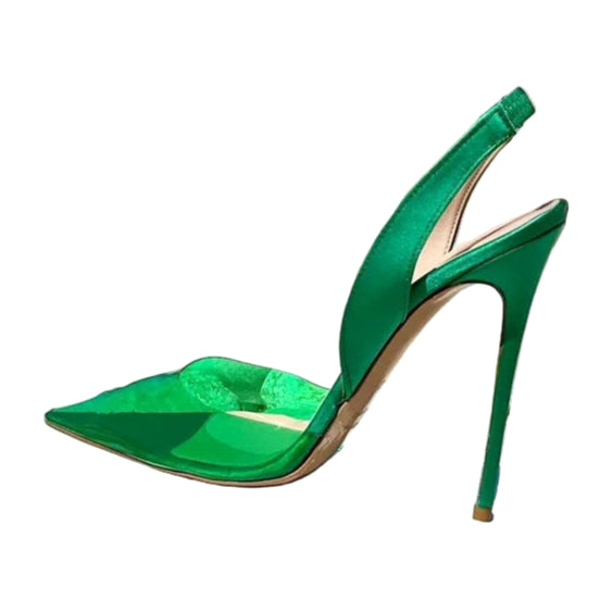 TEEK - Surkova Orange Green Transparent PVC High Heel Shoes Elegant Satin Cloth Slingback Wedding Pumps Pointed Toe 12cm 10cm 8cm Heels SHOES TEEK