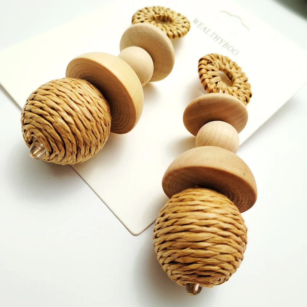 TEEK - Korea Handmade Wooden Straw Dangle Earrings JEWELRY theteekdotcom