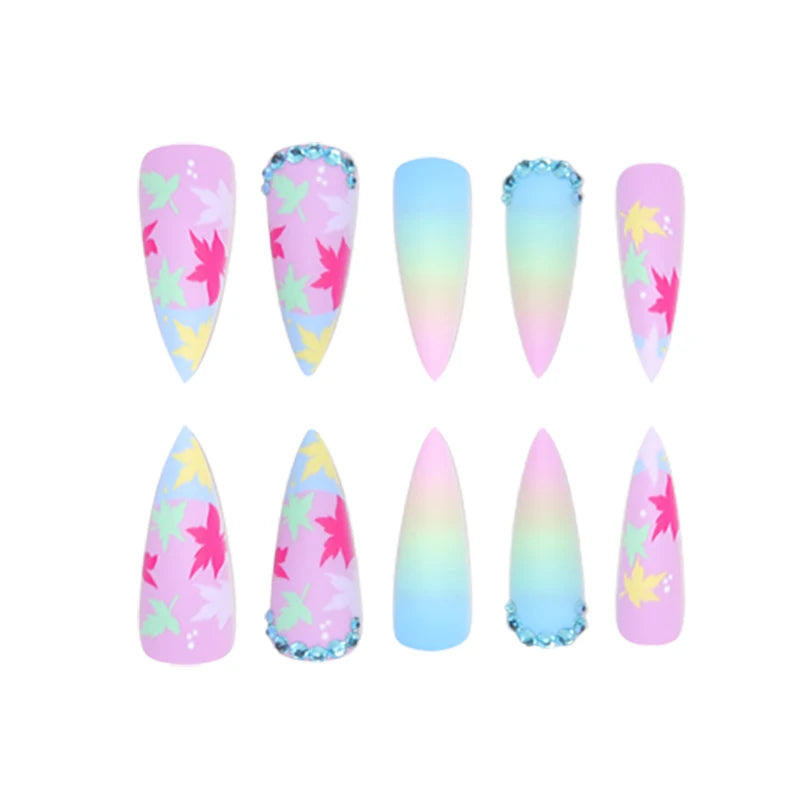 TEEK - 24 Long Pointed Multicolor Gradient Leaf Frosted Fake Nails NAIL ART theteekdotcom   