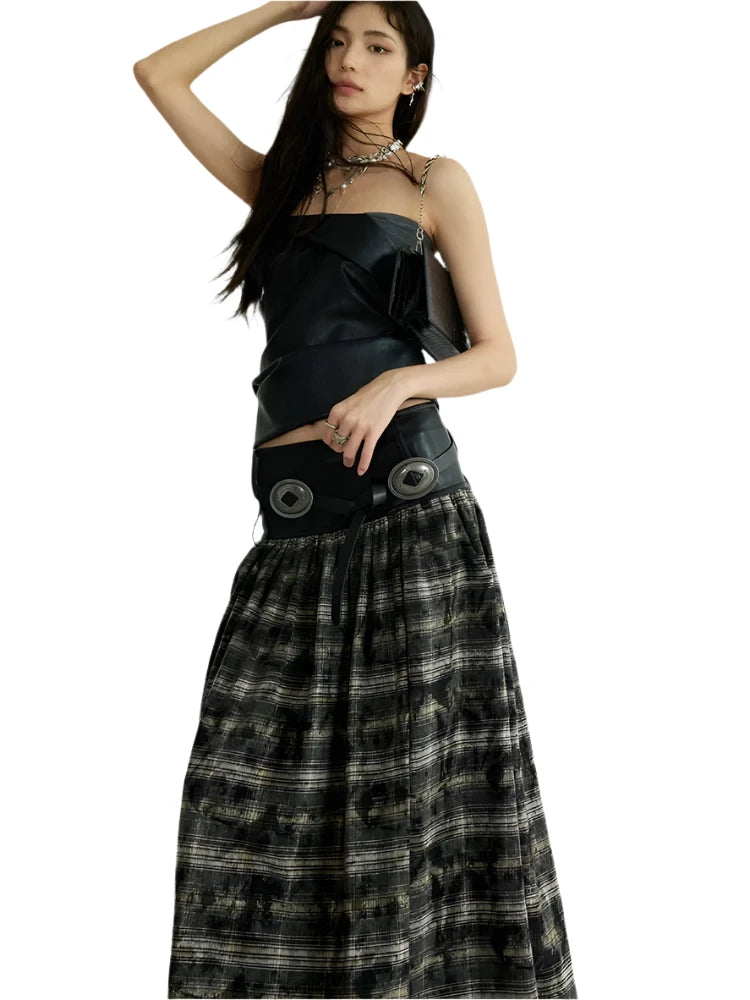 TEEK - Black Leathery Accent Plaid Long Skirt SKIRT theteekdotcom   