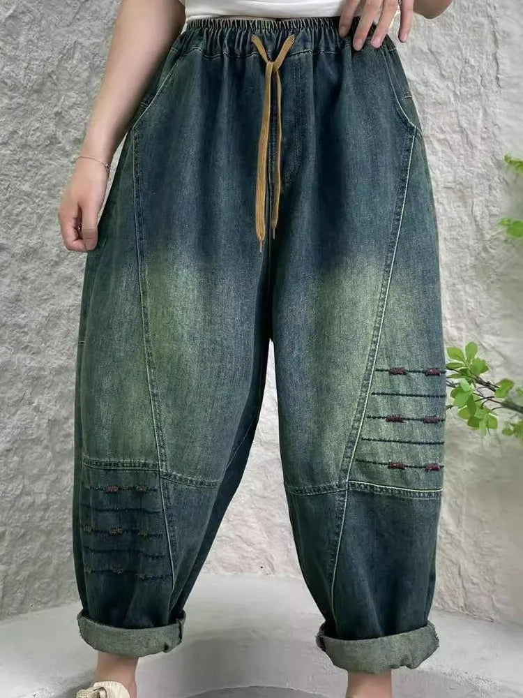 TEEK - Womens Minimalist Distressed Elastic Waist Denim Trousers PANTS theteekdotcom   