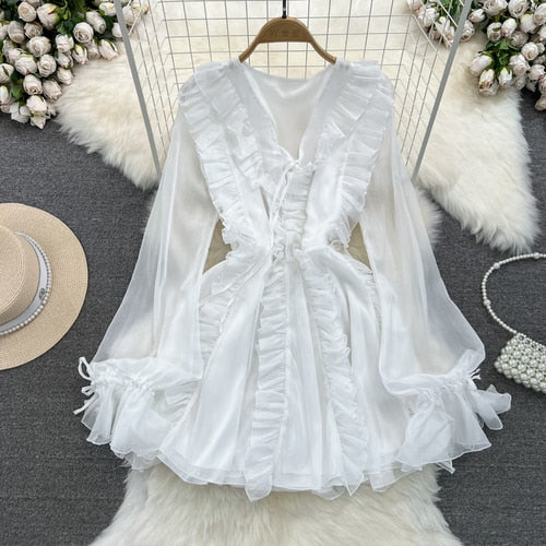 TEEK - V-Neck Flare Sheer Sleeve Dress DRESS theteekdotcom White One Size 