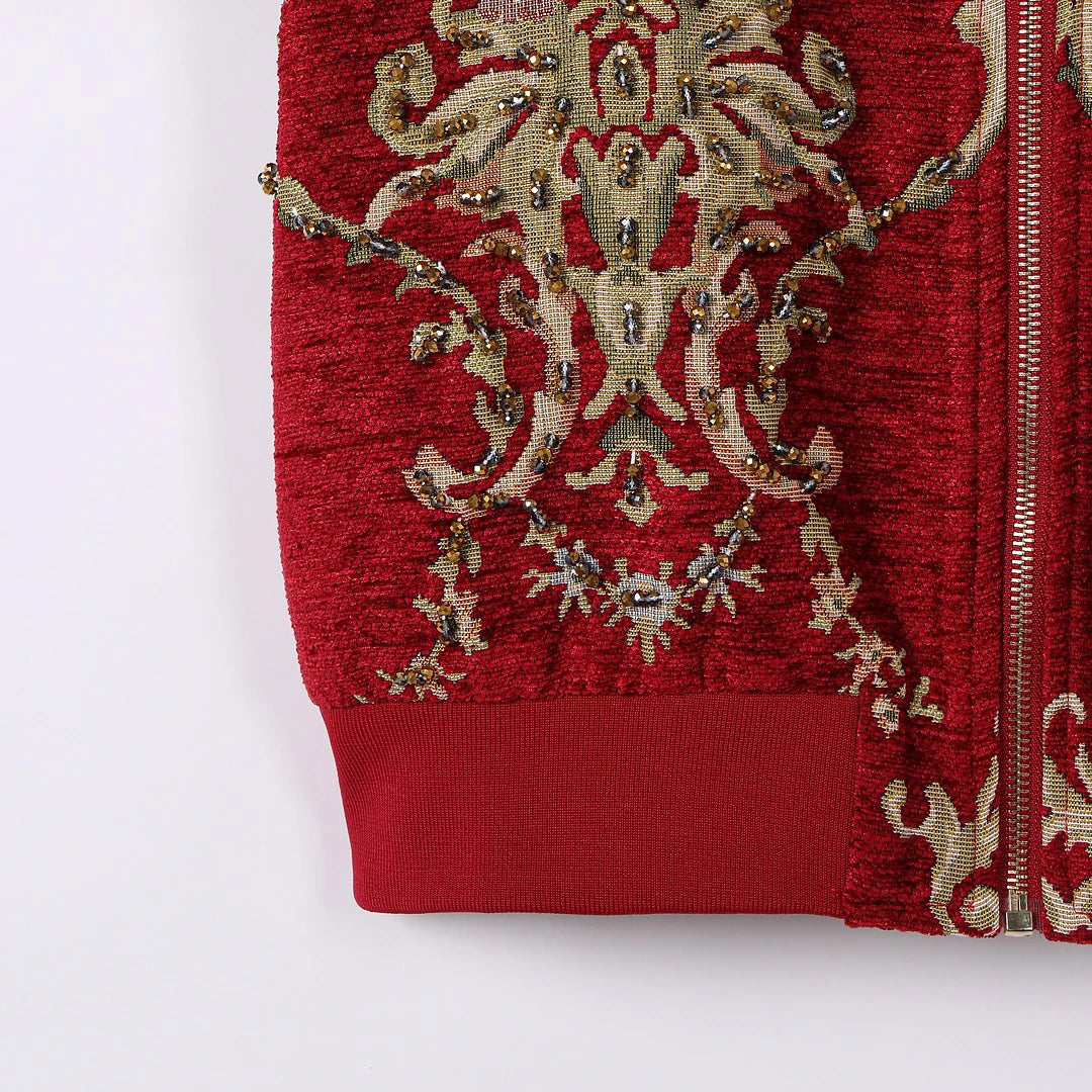 TEEK - Red Jacquard Beaded Embroidery Bomber Jacket