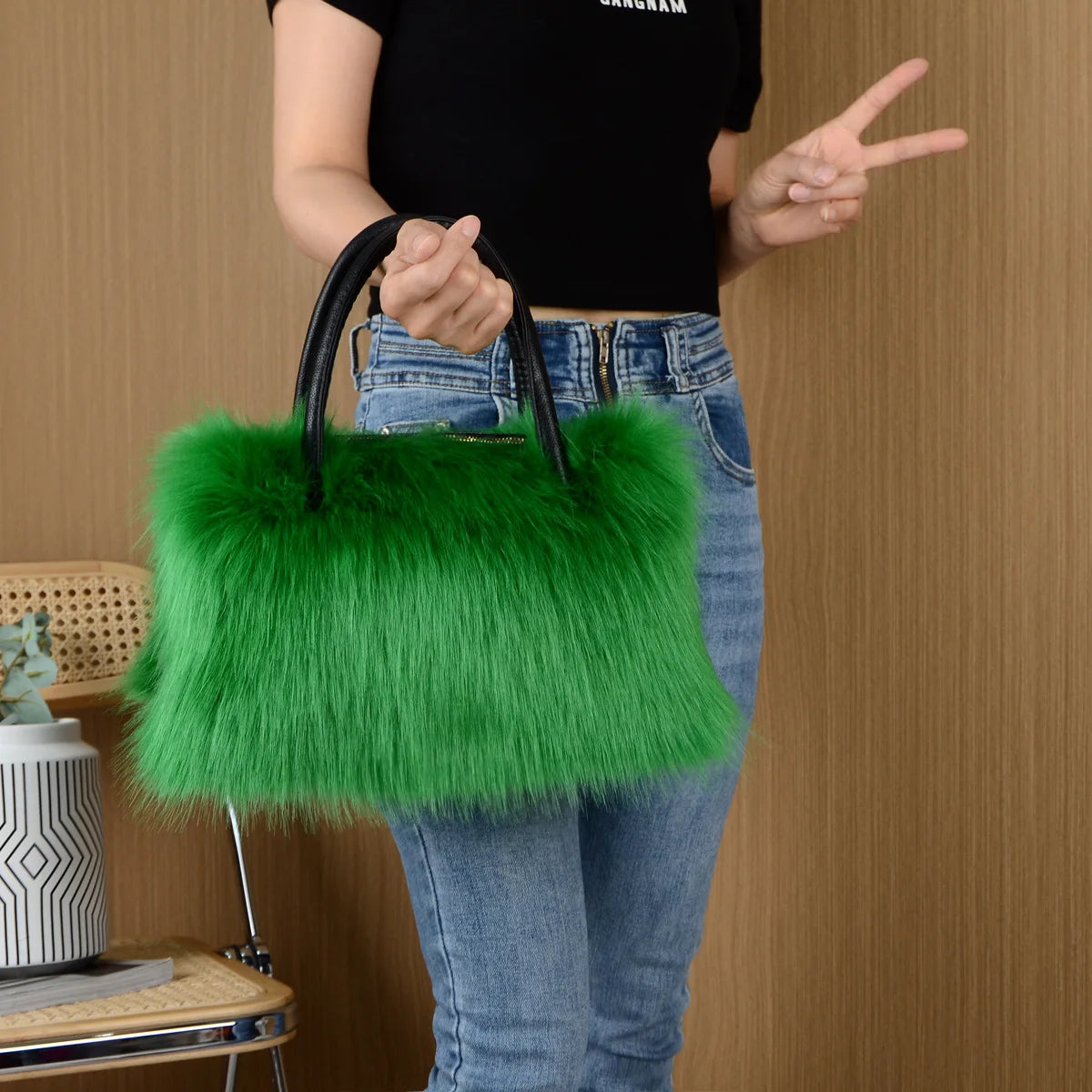 TEEK - Bright Color Faux Fur Handbag BAG TEEK Green 35cmX23cmX17cm