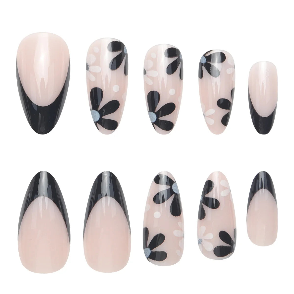 TEEK - 24 Long Almond Black French Petal False Nails NAIL ART theteekdotcom   