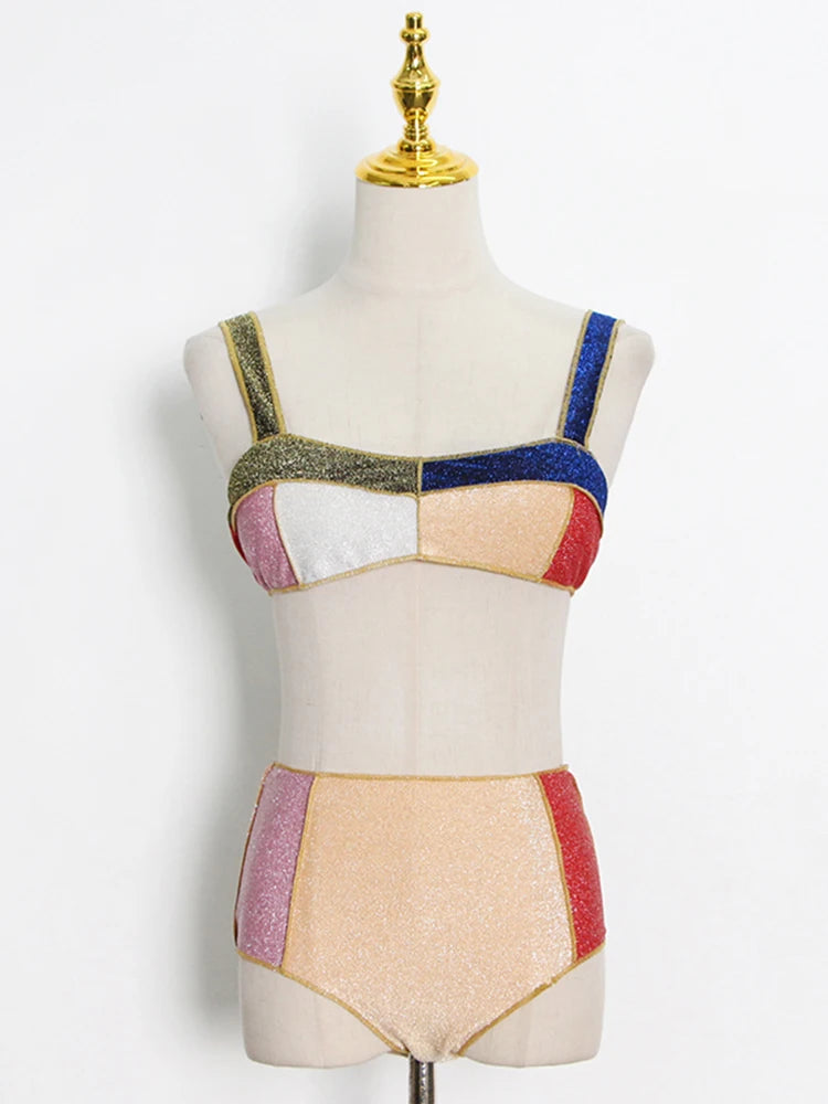 TEEK - Two Piece Color Strips High Waist Shorts Bikini SWIMWEAR theteekdotcom XL  